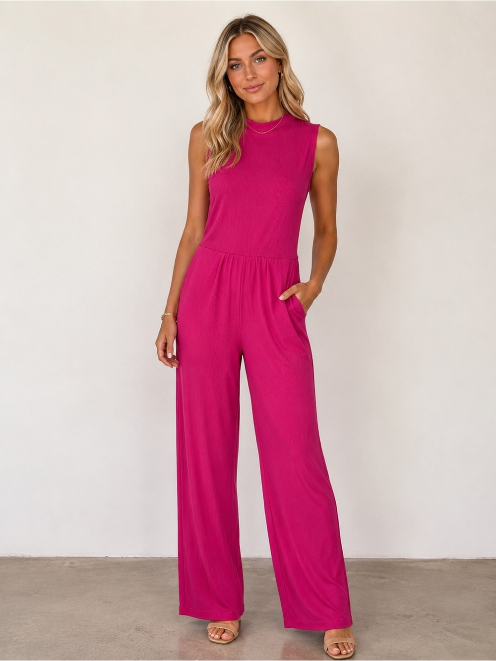Jumpsuit Hot Pink Women's Size L Sleeveless High Waisted Pockets